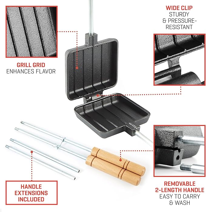 Uno Casa Small Double Pie Iron Sandwich Maker Set of 2 - Japanese Sandwich Maker with Recipe Book - Durable Campfire Cooking Equipment for Grilled Sandwiches, Pies, and Breakfast Treats
