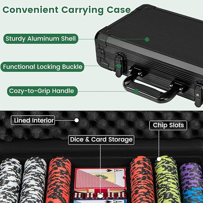 Goplus Poker Chip Set, 300 PCS/500 PCS 14 Gram Clay Poker Chips w/ Aluminum Case, Card Decks, Dealer Buttons, Dices, for Texas Holdem, Blackjack, Casino Gambling (300 PCS Chips Set)
