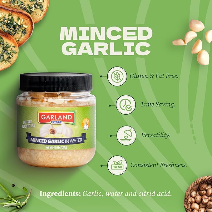 Garland Food Minced Garlic in Water 4.5 oz ??Made in the USA - Minced Garlic in Jar for Fresh Flavor, Time-Saving Prep, and Versatile Uses in Every Dish
