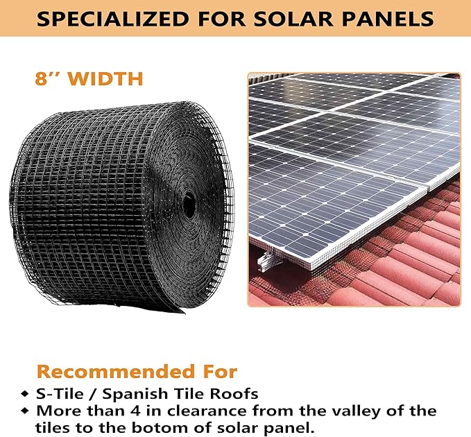 PROLEE 8 Inch X 100FT Solar Panel Bird/Critter Guard Anti-Rust with 100 Fastener Clips Rooftop Solar Panel Bird Wire Screen, Removable Without Damage