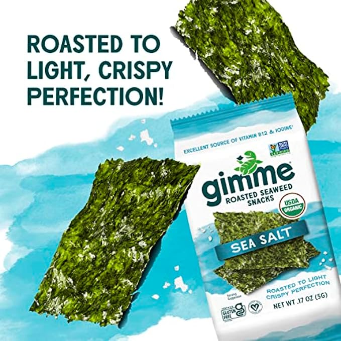 Gimme Seaweed - Sea Salt - 6 Count - Organic Roasted Seaweed Sheets - Keto, Vegan, Gluten Free - Great Source of Iodine & Omega 3?™s - Healthy On-The-Go Snack for Kids Adults (Pack of 2)