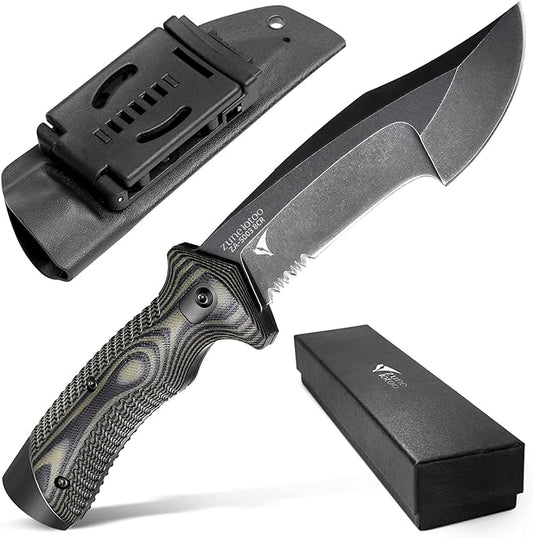ZUNE LOTOO Full Tang Fixed Blade Tactical Knife for Men, 9.4" Bowie Knife with Kydex Sheath & G10 Handle, 8Cr14mov Survival Hunting Knives for Bushcraft Camping Outdoor Skinning