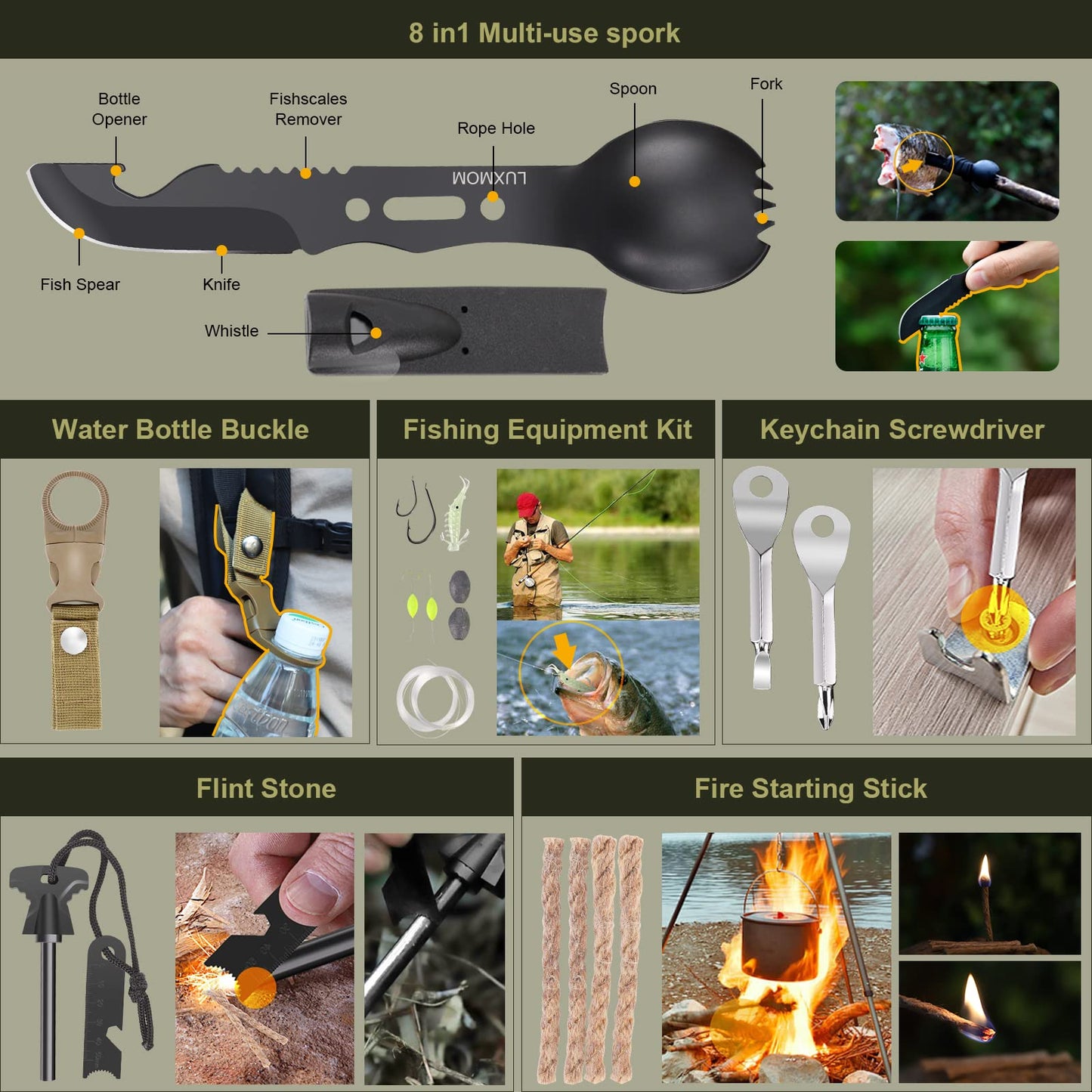 XUANLAN Emergency Survival Kit, Outdoor Survival Gear Tool with Survival Bracelet, Fire Starter