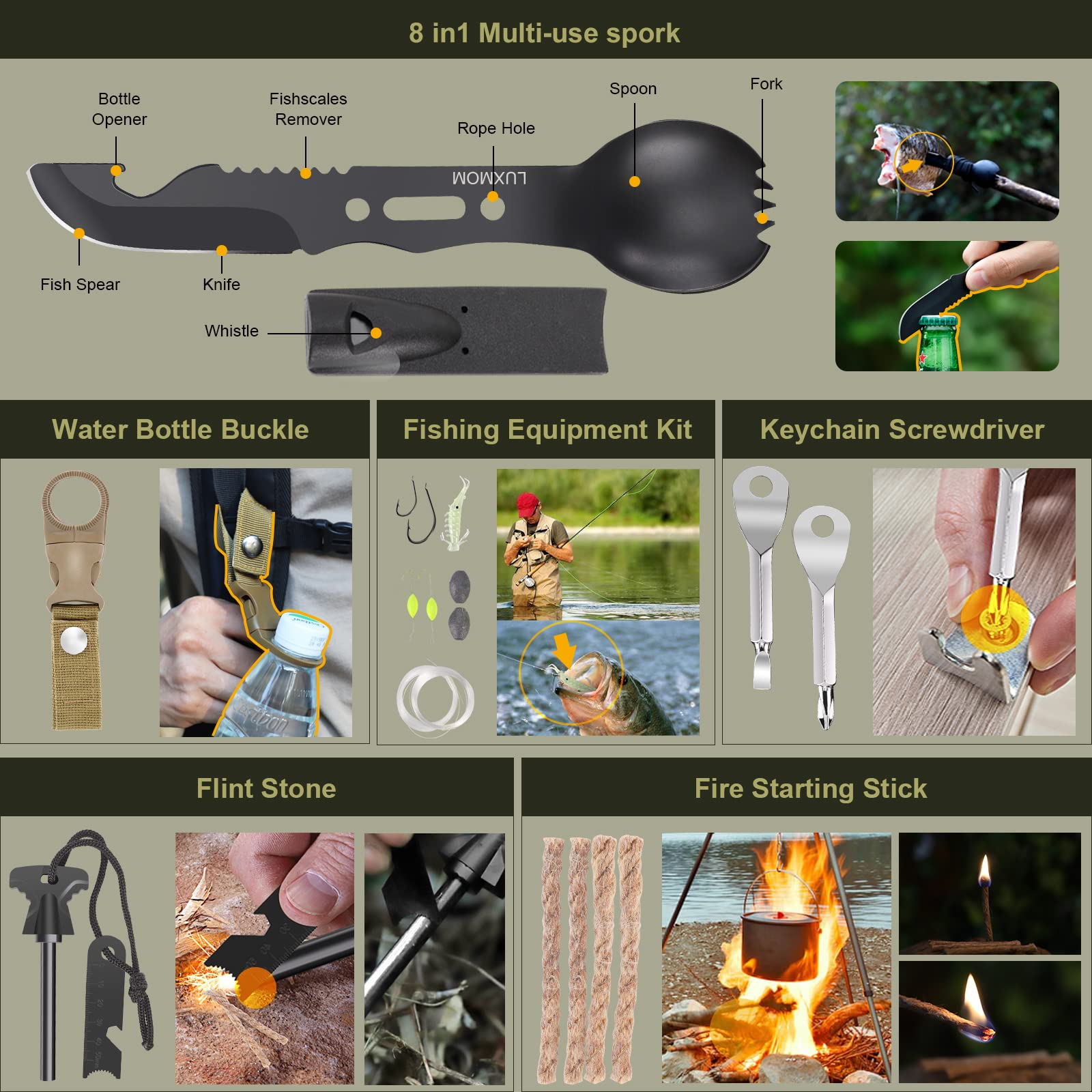 XUANLAN Emergency Survival Kit, Outdoor Survival Gear Tool with Survival Bracelet, Fire Starter
