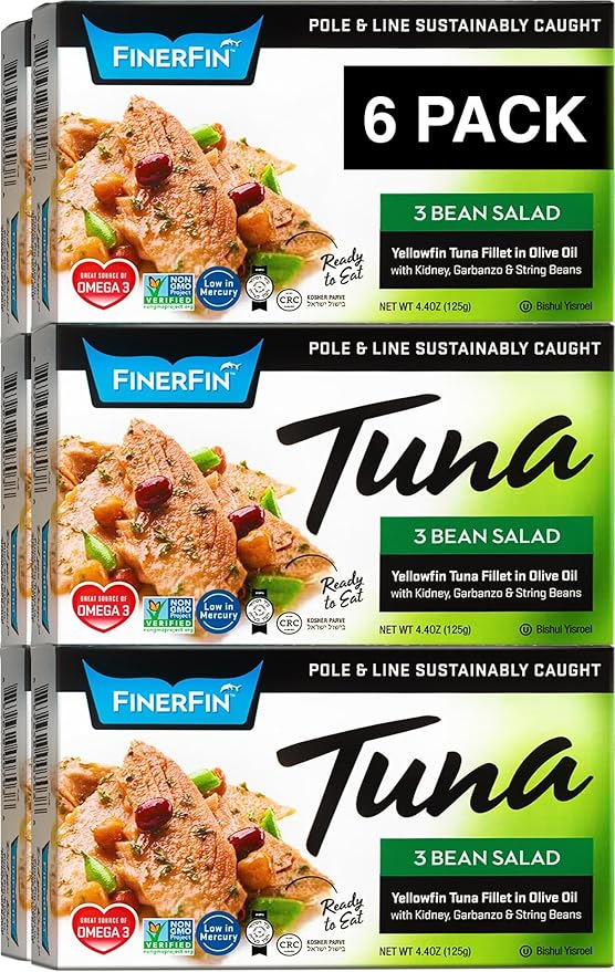 FinerFin Yellowfin Tuna In Organic Olive Oil ??3 Bean Salad Flavor (4.4oz can - 6 Pack); Premium Canned Fish with EVOO, Gourmet Ready-to-Eat Fillets, Wild-Caught