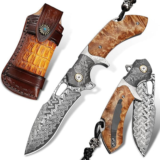 Damascus Steel Folding Pocket Knifeï¼?.6in Men's EDC knife，With leather sheath，pocket clip，Liner Lock，Fighter Pattern，Tree Tumor Shadow Wood Handle，For outdoor hunting Fishing camping knife