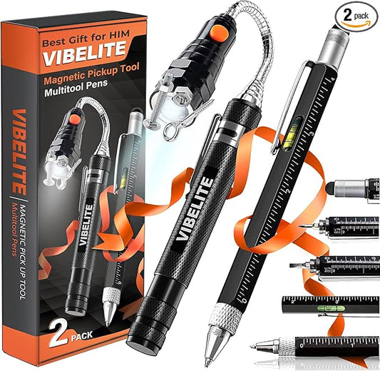 VIBELITE Gifts for Dad, Magnetic Pickup Tool and 6 in 1 Multitool Pen with Touch Screen Stylus, Rulers, Bubble Level, Flathead, Phillips Screwdriver, Ballpoint Pen, Gifts for Men, 2 Pack