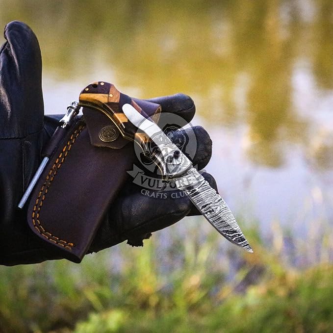 Damascus Pocket Knife for Men Handmade - 6.5 Inches Damascus Folding Knife with Sheath -Ideal for Him as an Anniversary Present - Best for EDC - Camping and Hiking - Pocket Knives with Back Lock