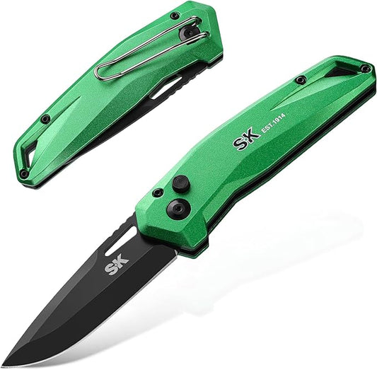 SK Folding Pocket Knife, Premium D2 Steel Blade, Aluminum Handle with Wire Belt Clip