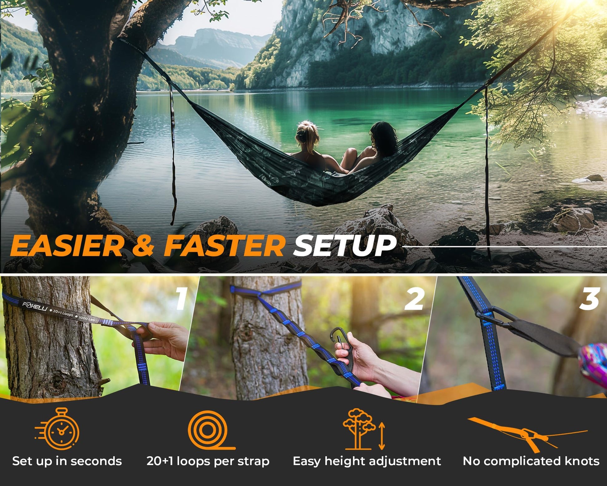 Foxelli XL Hammock Straps - Extra Long 20FT Heavy Duty No-Stretch Suspension System, 40+2 Loops
