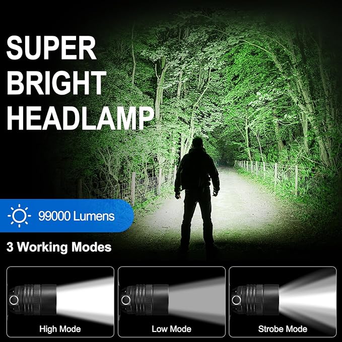 Rechargeable Headlamp, 99000 Lumens Super Bright LED Head Lamp with 3 Modes, 90° Adjustable Head Lights for Forehead, 45H Long Runtime & IPX6 Waterproof HeadLamps for Camping Hunting Hiking