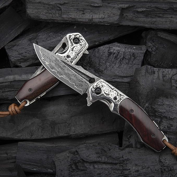 Handmade japanese vg10 damascus steel pocket knife,rosewood handle,sheath,liner lock,folding knives for outdoors camping hiking fishing