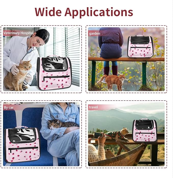 Pink Strawberry (2) Pet Cat Backpack Carrier for Kitty Small Dog, Ventilated Pet Carrier Bag for Car, Walking, Hiking, Outdoors
