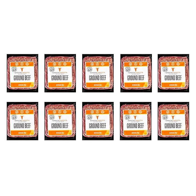Santa Carota Grass Fed Ground Beef 80% Lean / 20% Fat, Carrot-Finished, Grass-Raised, Bulk Hamburger Meat | Perfect for Burgers, Family Pack Frozen Food (10-1lb packages)