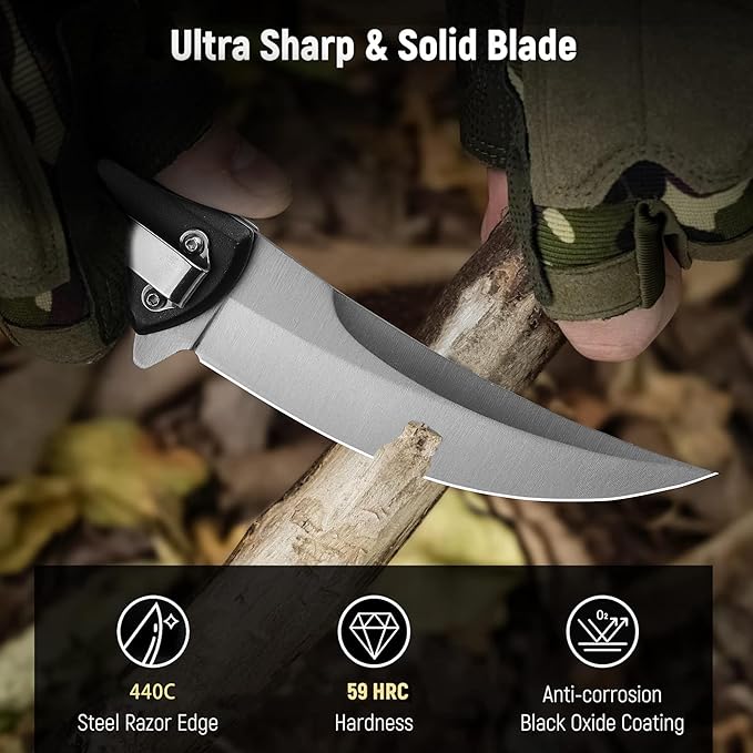 Tactical Folding Knife with upswept 440C High Carbon Stainless Steel Blade, Black Aluminum Handle, with Deep Carry Pocket Clip, Outdoor EDC Knife for Camping, Hiking, Fishing