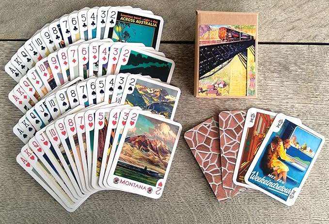 Travel by Train Playing Cards (Poker Deck 54 Cards All Different) Vintage European American Railway Travel Posters Retro Adverts Steam Train Loco
