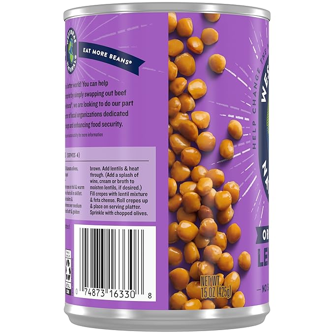 WESTBRAE 15 oz Natural Organic Lentil Beans, No Salt Added, Source of Plant Based Protein and Fiber, Low Fat, Gluten Free, (Pack of 12)