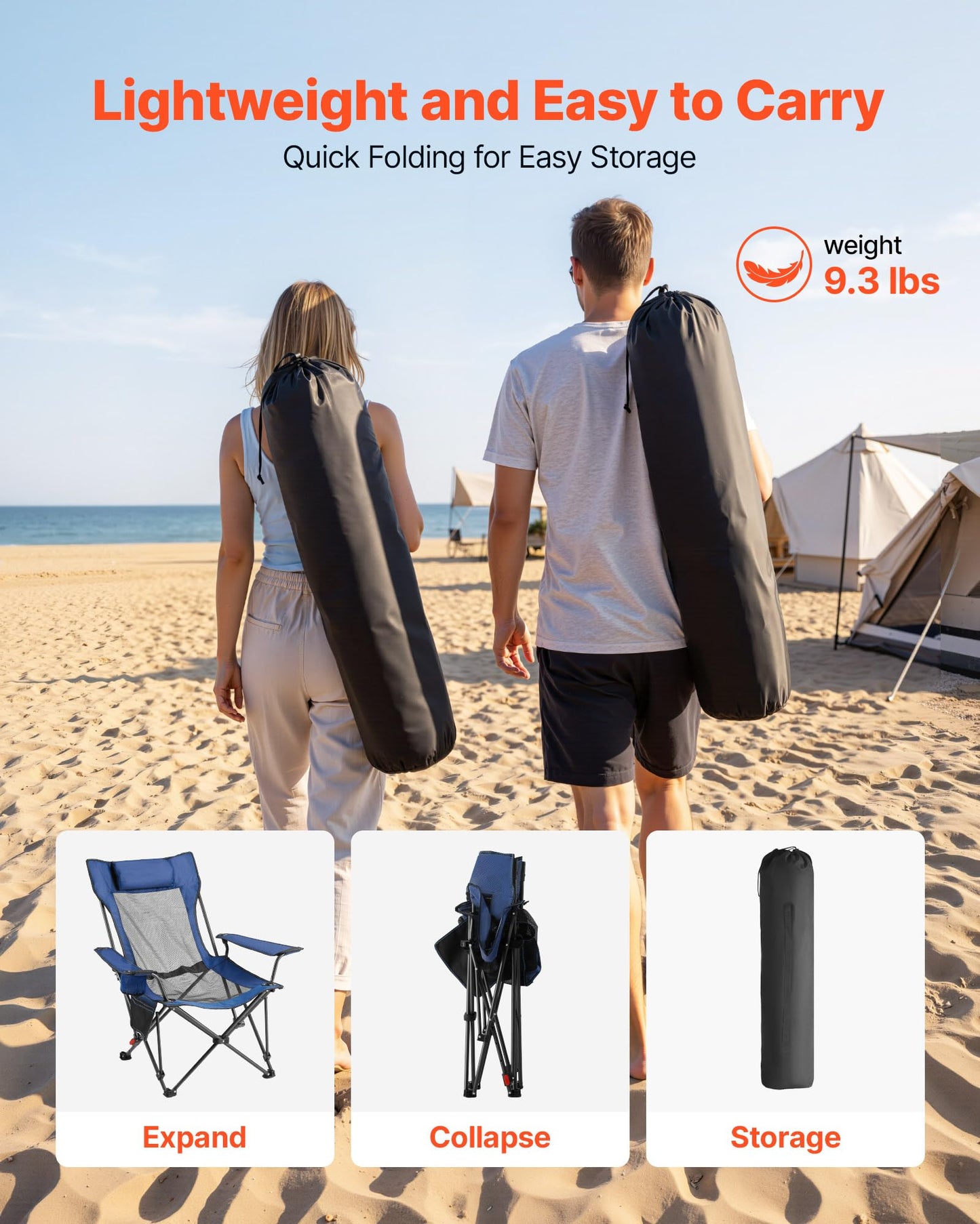 VEVOR 2-in-1 Reclining Camping Chair with Footrest for Adults, 4 Adjustable Positions, Portable