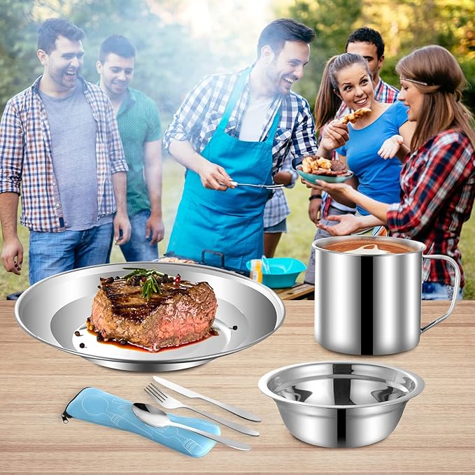 Camping Mess Kit Camping Dishes Set Stainless Steel Tableware Mess Kit Includes Plate Bowl Cup Spoon Fork Knife in Mesh Bags for Camping Backpacking & Hiking for 2 Person