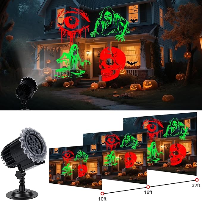 Brighter Halloween Decorations Projector Lights Outdoor, Display 4 Dynamic HD Patterns at a Time(Skulls, Zombies, Ghost, Eyes), Holiday Projector Light for Yard, Patio, Garden, Party Decor