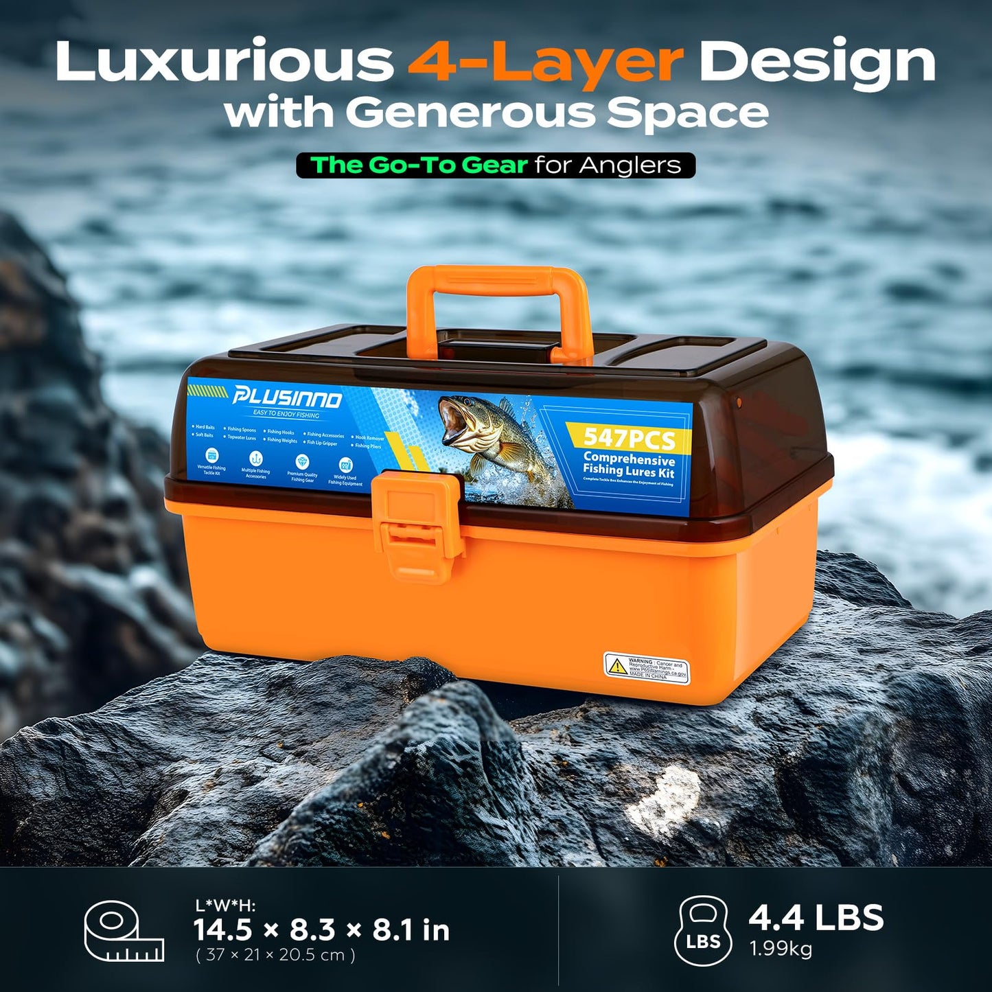 PLUSINNO Fishing Tackle Kit, Large 12X Spacious 4-Layer Tackle Box, 547 Pcs