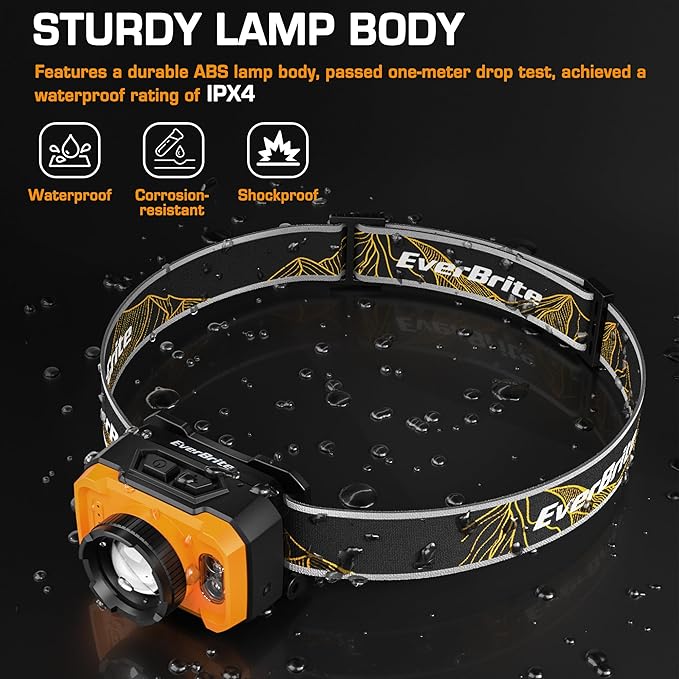 EverBrite 600 Lumen Headlamp, Rechargeable Headlight with 4 Modes, Super Bright Head Lamp with Spotlight & Floodlight, Motion Sensor, Memory Function for Camping, Hiking-Orange
