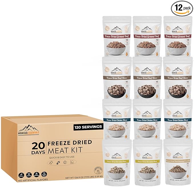 MOUNTAIN ESSENTIALS Freeze-Dried Meat Variety Kit ??3 Chicken Dices, 3 Beef Dices, 3 Ground Beef, 2 Shredded Pork & 1 Pork Sausage Crumble | 10 Servings per Pouch | Shelf-Stable Daily Meals, Camping & Emergency Food | Made in USA