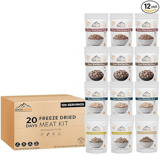 MOUNTAIN ESSENTIALS Freeze-Dried Meat Variety Kit ??3 Chicken Dices, 3 Beef Dices, 3 Ground Beef, 2 Shredded Pork & 1 Pork Sausage Crumble | 10 Servings per Pouch | Shelf-Stable Daily Meals, Camping & Emergency Food | Made in USA