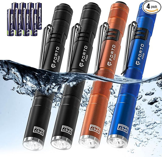 FORTO LED Pen Light, 200 Lumens Pocket Flashlight, IP67 Waterproof, 2 Modes, 2 Pack with AAA Batteries, Lightweight & Durable for Inspection, Medical Use, Emergency(4-Pack Mix)