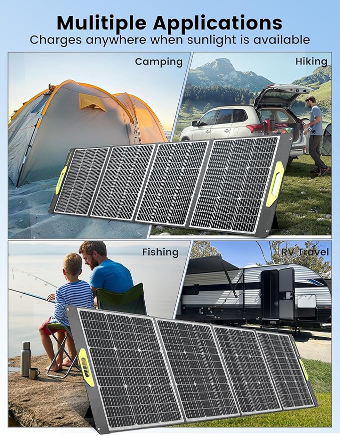 200W Portable Solar Panel, Greenmagic 200W Foldable Solar Panel Lightweight with Kickstands for Home, Camping, Boat, Shed Farm Camping RV Solar Generator, 23% High Efficiency
