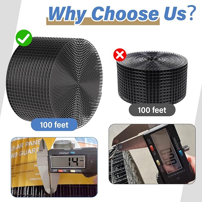 Solar Panel Bird Guard,8in x 100ft Critter Guard Galvanized PVC Coated Mesh Roll Kit,Black Pigeon Solar Panel Mesh with 70 Fastener Clips, ½ inch Wire Critter Guard for Solar Panels