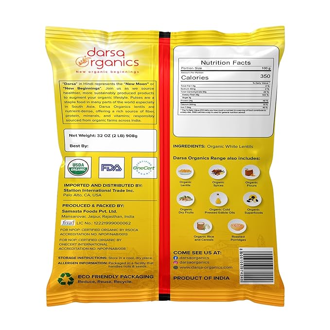 Darsa Organics Urad Dal Split Without Skin (Urad Mogar) 2lb ??USDA Organic White Matpe Split Lentils | Non-GMO, Plant-Based Protein, Kosher | Great for Dosa Batter, Soups, & Stews