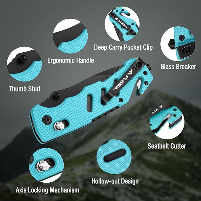 FLISSA Folding Pocket Knife with Clip, Glass Breaker and Seatbelt Cutter, Survival Knife for Emergency Rescue Situations, EDC Knife for Tactical, Hunting, Camping, Outdoor, Unique Gifts for Dad, Father-Blue