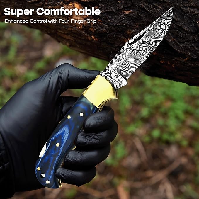 Handmade Damascus Pocket Knife for Men - 6.5 Inch Damascus Knife with Sheath - Damascus Folding Knife - Damascus Hunting Knife - Damascus Steel Pocket Knives with Back Lock for EDC, Camping, Hiking