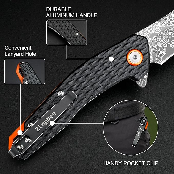 Damascus Folding Knife, 3.03" Damascus Steel Blade Pocket Knives with Clip, Black Aluminum Handles, Camping Folding Knife for Hunting Fishing Hiking Outdoor