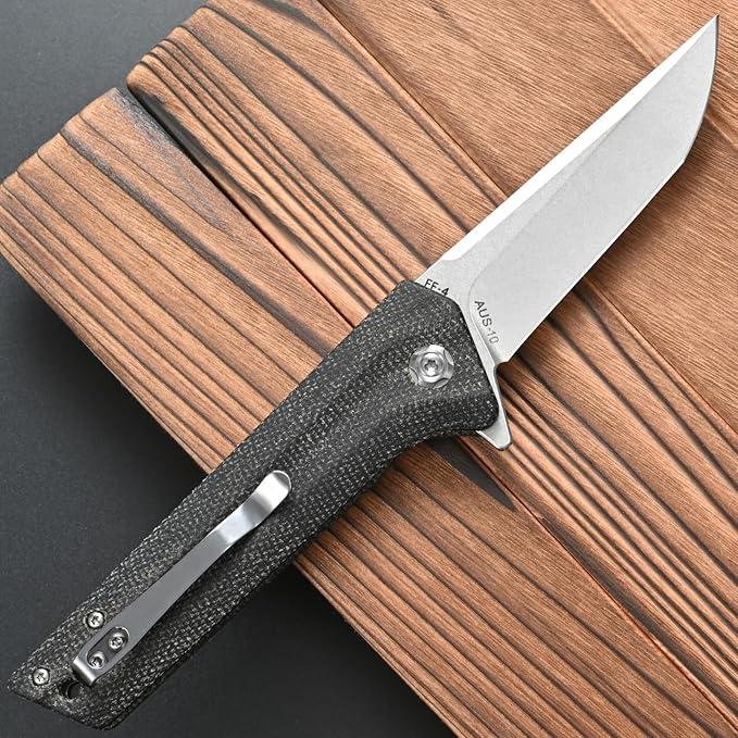 FF4 Folding Knife, AUS-10 Steel Blade Micarta Handle Knife for Outdoor Camping Hunting Fishing Survival(Black)