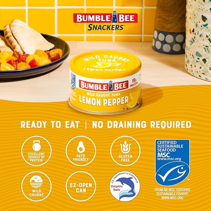 Bumble Bee Snackers - Lemon Pepper Tuna, 3 oz Easy Open Can - 19g Protein per Serving - Wild Caught Skipjack Chunk Light Tuna Pack - No Draining, Ready to Eat (Pack of 16)