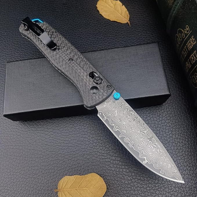 Folding Pocket Knife,3.15" Damascus Steel Knife, Black Carbon Fiber Handle with Pocket Clip for EDC. (Damascus)