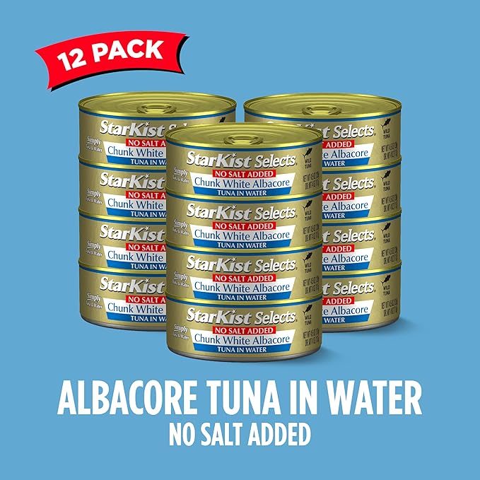 StarKist Selects No Salt Added Chunk White Albacore Tuna in Water, 4.5 oz (12 Pack) Canned Tuna Fish, Wild Caught, Gluten Free, Ready to Eat, Perfect for Salads, Keto Meals & Snacks, 30g Protein