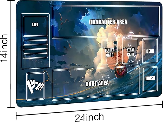 Playmat for One Piece Card Game (24x14 Inches): with Non-Slip Rubber, Zones Design, a Professional Storage Bag Included, Plus a Limited-Time Gift of a Set of 20 Damage Counters (Wave Boat)