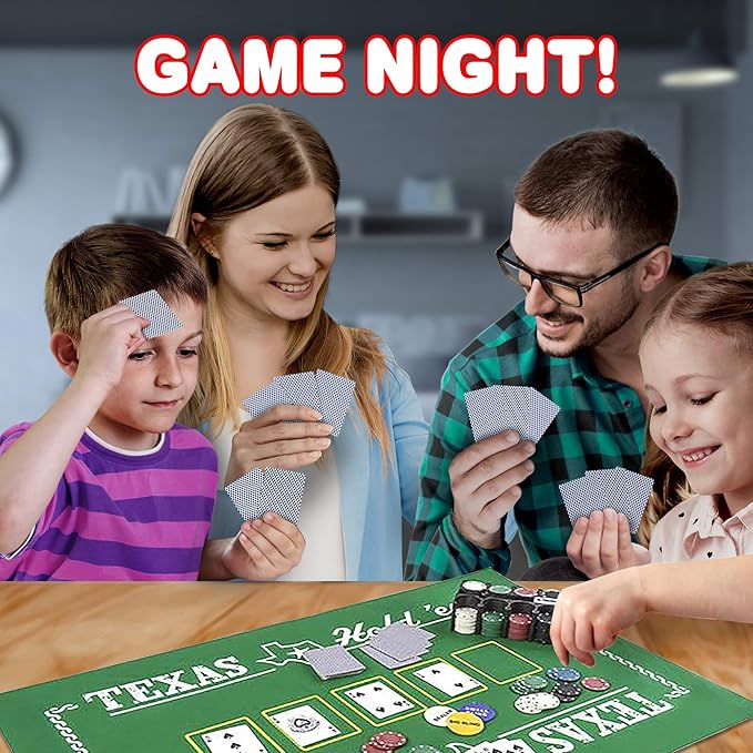 Gamie Texas Holdem Poker Game Set - Includes Hold?™em Mat, 2 Card Decks, Chips, Chip Holder and Tin Storage Box - Fun Game Night Supplies - Cool Casino Gift for Kids & Adults