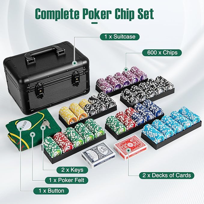 Goplus Poker Chip Set, 600 PCS Chips, 2 Decks Cards, Dealer Button, Poker Felt, Aluminum Case for Texas Holdem, Casino, Family Night, Blackjack