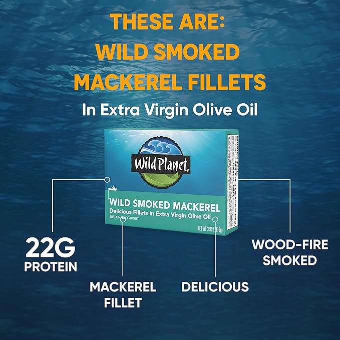 Wild Planet Wild Smoked Mackerel Fillets in Extra Virgin Olive Oil, Tinned Fish, Canned Salmon, Sustainably Wild-Caught, Non-GMO, Keto and Paleo, 3.9 oz, pack of 12