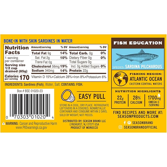 Season Sardines in Water - Wild Caught Fish, 22g of Protein, Keto Snacks, More Omega 3's Than Tuna, High in Calcium, Canned Sardines - 4.37 Oz Tins, 24-Pack