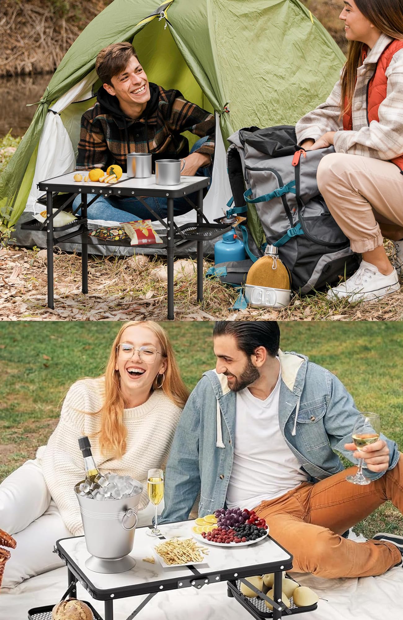 Titanker Small Camping Table Foldable 2ft, Folding Picnic Table with Side Racks & Net, Folding Camp