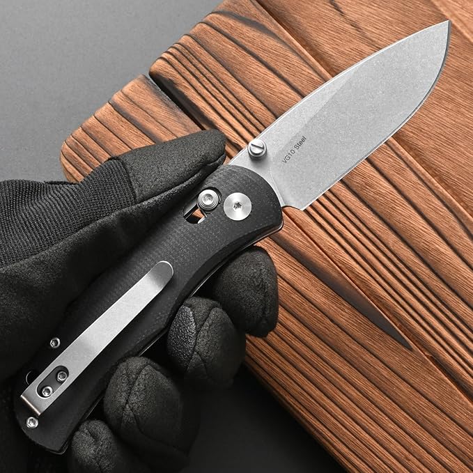 FF22 Folding Pocket Knife,VG10 Steel Blade Micarita Handle Full Tang Knife for Outdoor Activities Camping Hunting Fishing(Black)