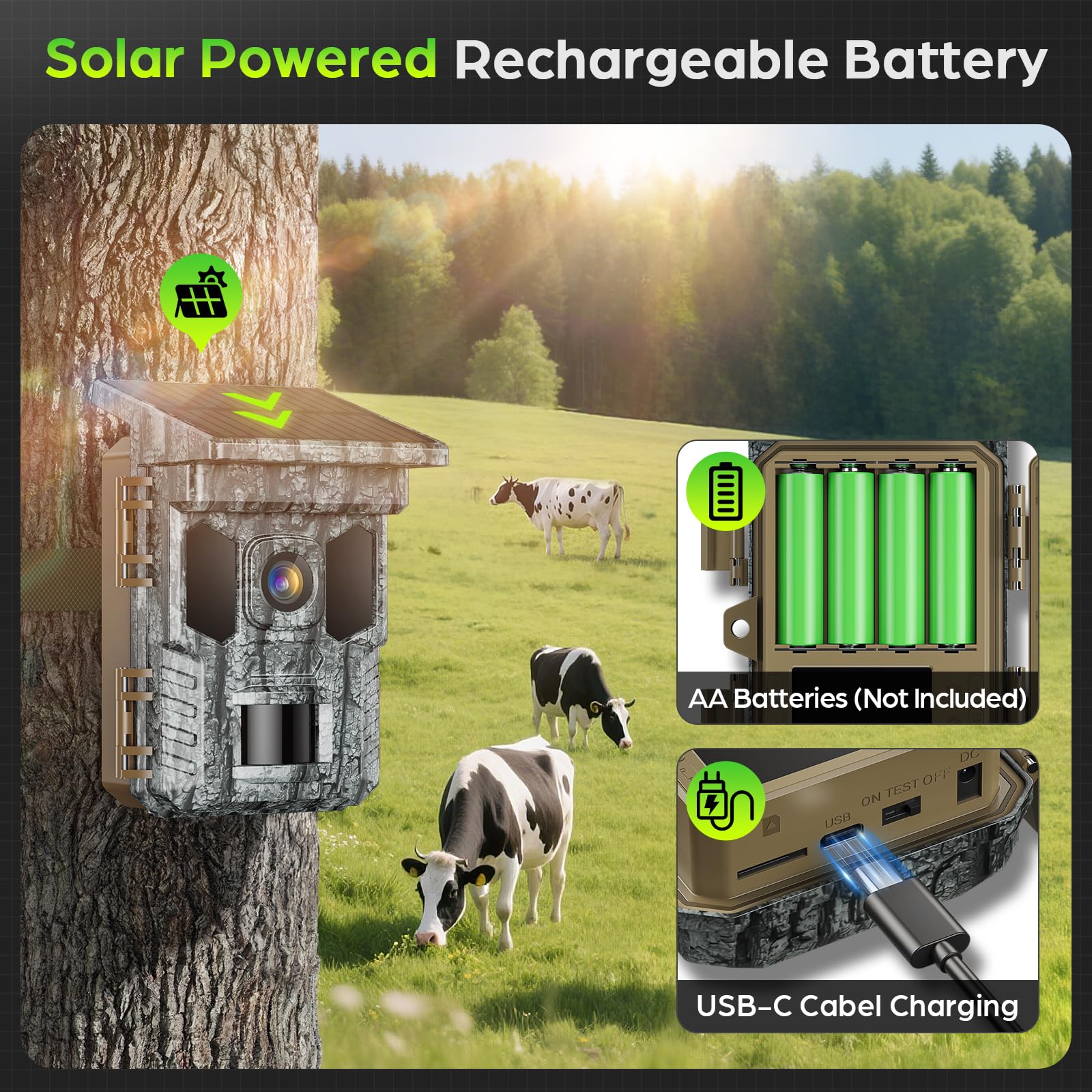4K 64MP Solar Trail Camera WiFi, 32GB SD Card,Night Vision Motion Activated