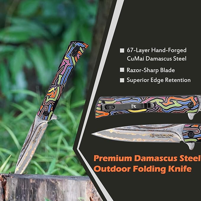 YOUSUNLONG Folding Knife Camping Knife - CuMai Damascus Steel Blade - Multicolored G10 Handle Cover