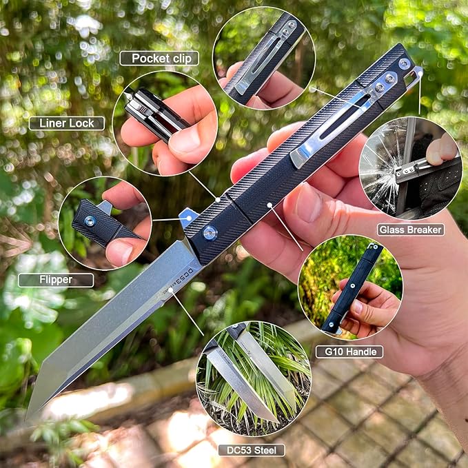 Flipper Pocket Folding Knife,DC53 Steel Blade and G10 Handle. With pocket clip and glass breaker,men's pocket knife hiking trip EDC tool Knife (Stone Wash Blade-T)