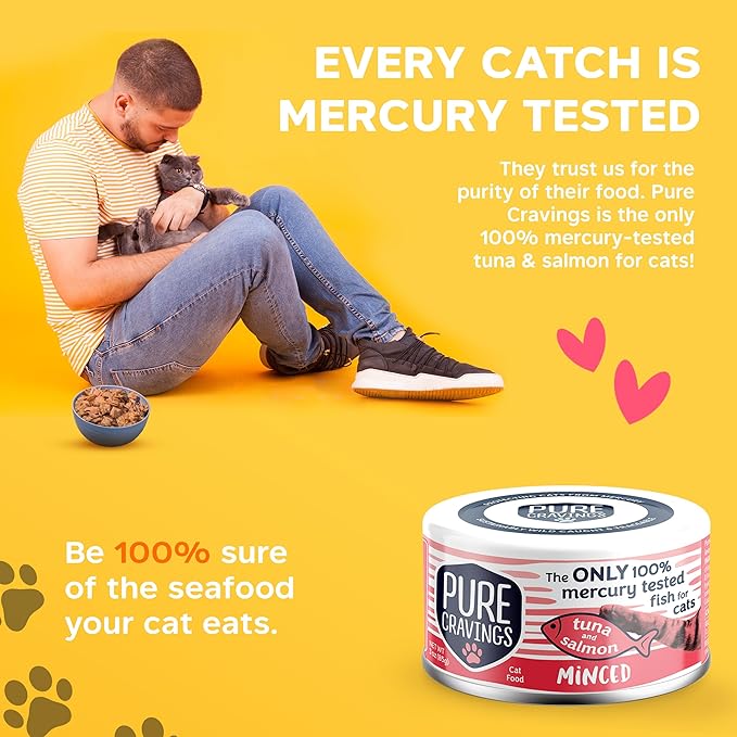 Pure Cravings Minced Tuna and Salmon Wet Canned Cat Food, 100% Mercury-Tested, Moist Can Fish for Cats, Grain-Free, Protein, Non-GMO, 3oz, Pack of 12